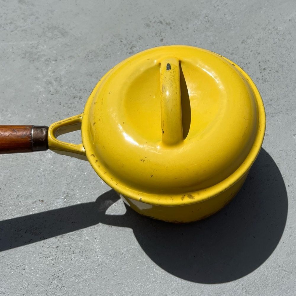 Vintage Colorcast Waterford Ireland Yellow Enamel Cast Iron Saucepan w/ Lid 7” - Picture 2 of 7